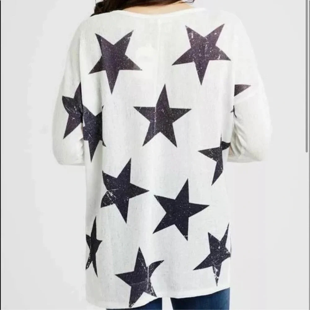 Star Print Long Sleeve Sweater Top Memorial Day 4th of July Starry Oversized - Picture 5 of 11